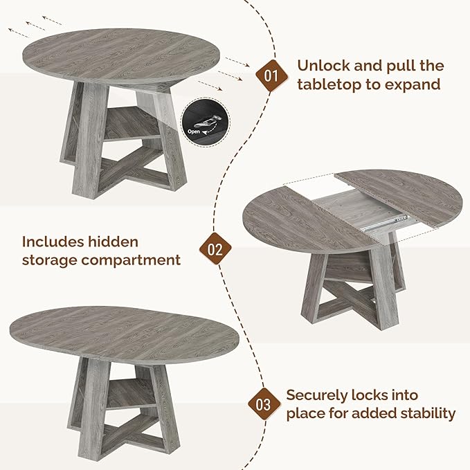 Aivermel 43.3‑59 in Extendable Oval Dining Table for 4‑6, Engineered Wood Round Dining Table with Hidden Extension Storage & Bottom Shelf, Space‑Saving Modern Kitchen Living Room Tables (Vintage Grey)