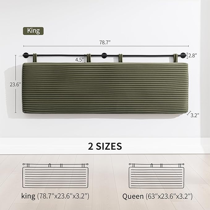 UEV King Headboard Only, Wall Mounted Hanging Upholstered Bed Head Board, Modern Vertical Channel Design of Fine Flannel, Elegant Green Fluted Headboard for Bedroom (Green, King Size)