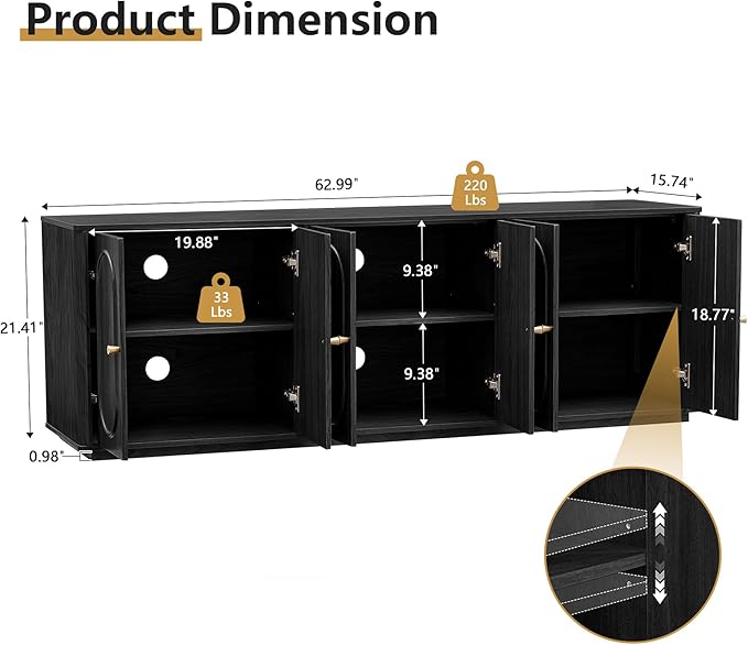 63'' Fluted Sideboard Buffet Cabinet with Storage and 6 Doors, Low Storage Cabinet Modern Wooden Accent Credenza Console Table for Kitchen Dining Living Room Entryway, (63"W*15.75"D*21.4"H) Black