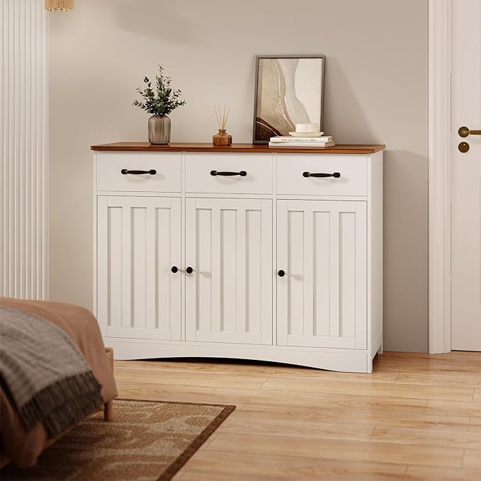 Gizoon Farmhouse Sideboard Buffet Cabinet, 42.5'' Kitchen Storage Cabinets with 3 Drawers and Barn Doors, Wood Coffee Bar Cabinet with Adjustable Shelf for Kitchen, Dining Room, Living Room, Retro