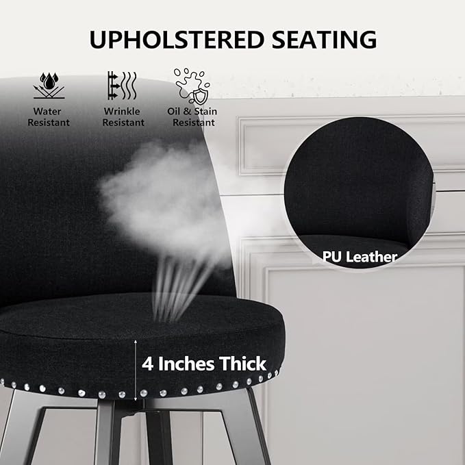 MINCETA Bar Stools Set of 2, 26 Inch Upholstered Barstools with High Back and Footrest, Swivel Counter Height Barstools for Kitchen Island Home Bar Black