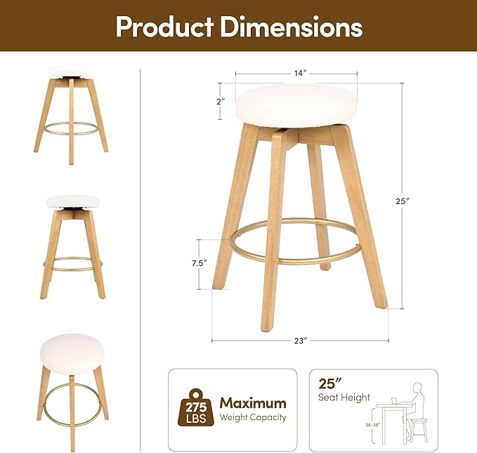 Swivel Premium Solid Wood Counter Stool 25", Set of 2, 360° Rotating Upholstered Cushion, Backless Bar Chair for Island, Pub, Kitchen, Dining Room (Light Oak)