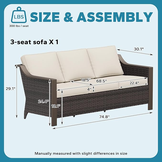 75" Patio Metal Wicker Sofa, 3-seat Deep Seat & Upholstered Couch, Outdoor All-Weather Rattan Loveseat with Washable Cushions, Steel Frame, Garden (Beige and Brown Stripe)