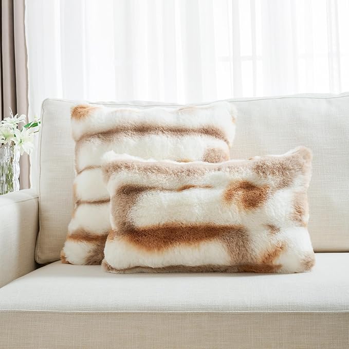 FUTEI Brown White Decorative Throw Pillow Covers 16x16 Inch Set of 2,Soft Fuzzy Faux Rabbit Fur Cushion Covers with Raised Texture,Neutral Boho Home Decor for Couch Bed Living Room