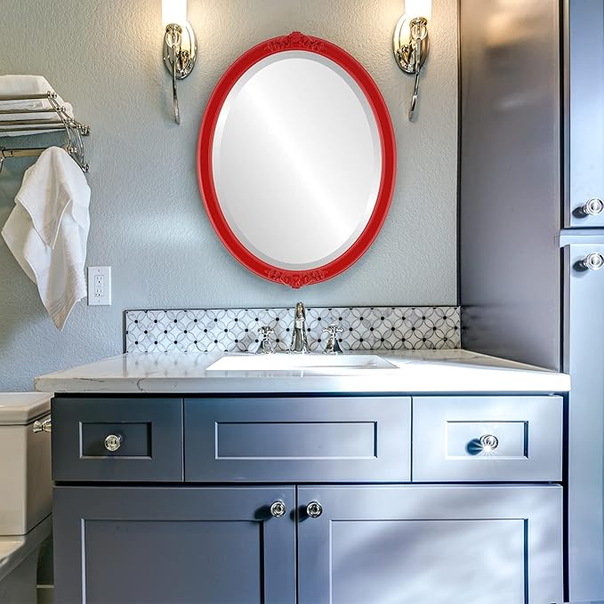 OVALCREST Oval Beveled Wall Mirror for Home Decor - Athena Style - Holiday Red - 21" x 17" Outside Dimensions