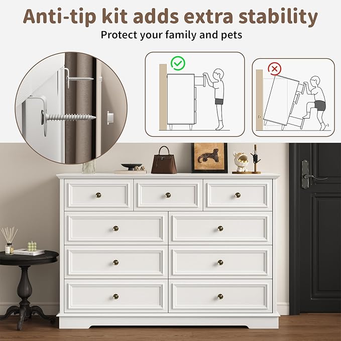 9 Drawer Dressers for Bedroom, 51" Wide Wood Chest of Drawers, Farmhouse Bedroom Dressers with Drawers, Modern Dresser TV Stand, Retro Design, for Living Room, Dressing Room, Hallway, White