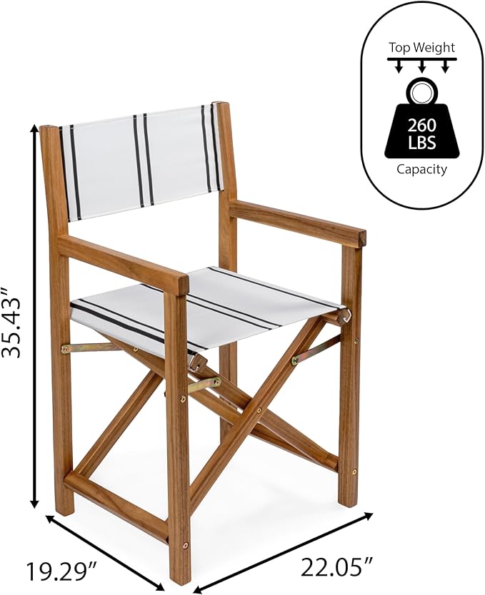 JONATHAN Y DRC1001B-SET2 Cukor Classic Vintage Outdoor Acacia Wood Folding Director Chair with Canvas Seat Mid-Century, Modern, Traditional, Classic, Coastal, White/Black Stripe/Teak Brown (Set of 2)