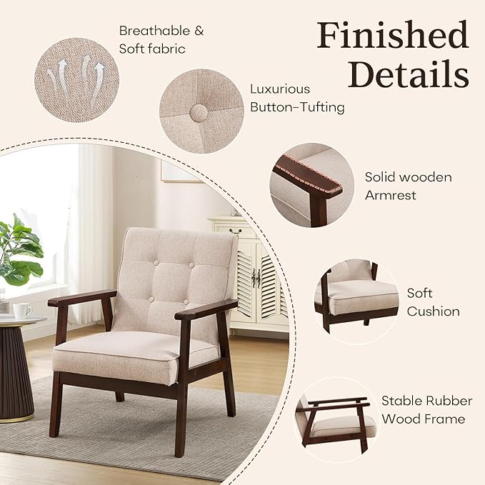 Bonzy Home Mid-Century Modern Accent Chair, Upholstered Fabric Armchair with Solid Wood Frame, Comfy Retro Leisure Chair Reading Chair for Living Room, Bedroom