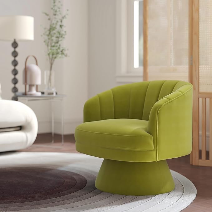 Swivel Accent Chair,Upholstered Velvet 360° Swivel Barrel Chair for Living Room Overstuffed Bouncle Reading Chair Round Armchair for Bedroom,Vanity,Office (Grass Green)