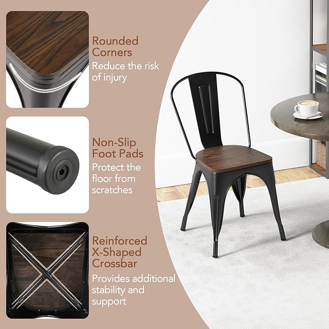 COSTWAY 18 Inch Dining Chair Set of 4, Industrial Vintage Stackable Metal Chairs, Counter Bar Chairs with High Backrest, Wood Seat, for Home, Kitchen and Cafe Bar Use