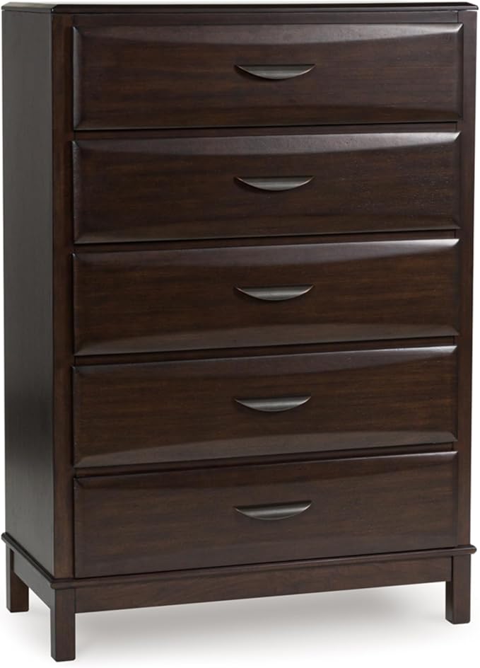 Signature Design by Ashley Vanmore Contemporary 5-Drawer Chest with Felt-Lined Top Drawer and Easy Glide for Bedroom, Dark Brown