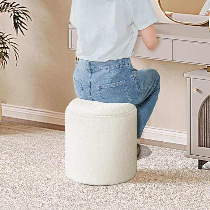 PINPLUS Round Storage Ottoman Boucle Ottoman with Tray, Teddy Velvet Footstool Cube for Living Room, Bedroom, Dorm 13.4"x13.4"x15" (White)