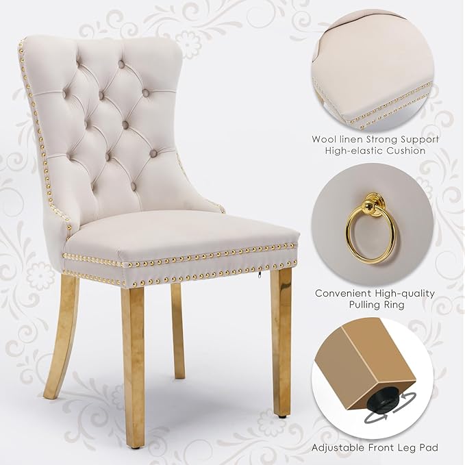 Velvet Upholstered Dining Chairs Set of 8, Modern Style Kitchen Side Chairs with Nailhead Trim and Gold Plated Leg, Metal Pulling Ring for Dining Room Living Room(Beige)