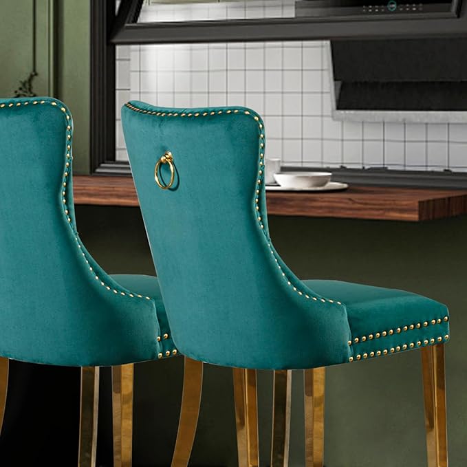 Velvet Upholstered Dining Chairs Set of 4, Modern Style Kitchen Side Chairs with Nailhead Trim and Gold Plated Leg, Metal Pulling Ring for Dining Room Living Room(Green,Set of 4)