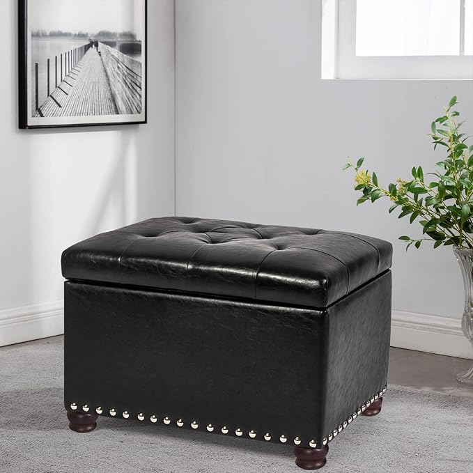 24'' Leather Storage Ottoman Rectangular Foot Rest Stool with Nailhead Trim Chests & Storage Room Organizer for Bedroom Living Room(Black)
