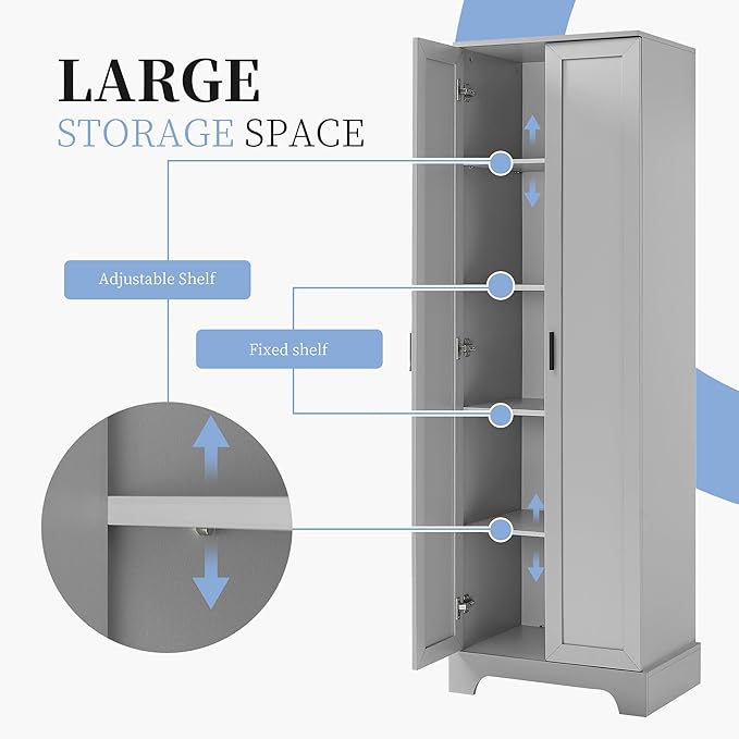 Tall Freestanding Storage Cabinet, Multi-Purpose Floor Organizer with 2 Doors & 5 Adjustable Shelves for Bathroom, Office, Living Room, Grey