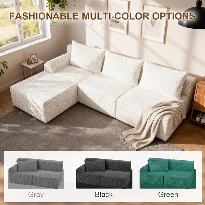 JSLOVE Modular L-Shape Sectional Sofa with Chaise, 3 Seat Movable Boneless Cloud Couch in One Box, Sofa Couch Bed with Ultra-Soft Corduroy Fabric, No Assembly Required for Living Room, Bedroom(Beige)