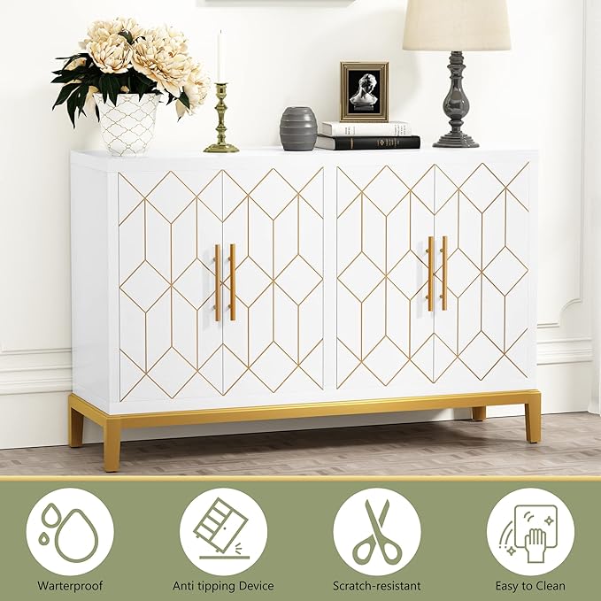 HLR Accent Cabinet with 4 Doors&Shelves, Sideboard Buffet Cabinet with Gold Trim, Modern White Storage for Living Room, Entryway, Kitchen, Dining Room, Hallway