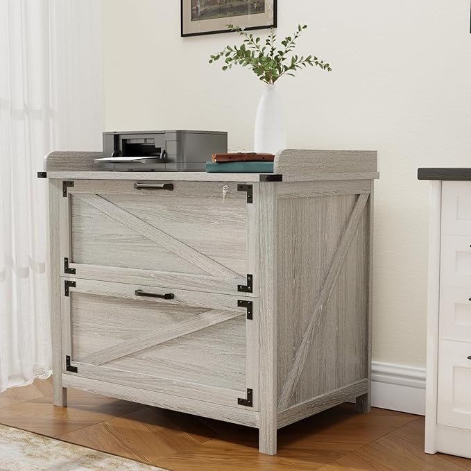 2 Drawer File Cabinet with Lock, Modern Farmhouse Filing Cabinet for Legal/Letter/A4 Size Hanging Files, Large Wood File Cabinets for Home Office