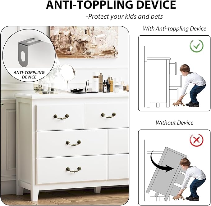 White Dresser for Bedroom, Modern 7 Drawer Double Dresser with Vintage Gold Antique Handles, Chest of Drawers for Bedroom, Antique White