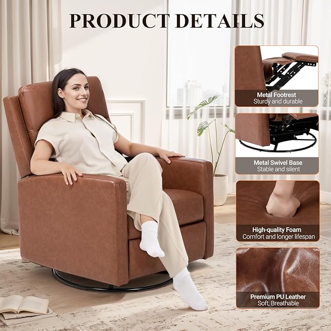 Swivel Rocking Recliner,Wide PU Leather Glider Sofa Chair with Ergonomic High Backrest for Living Room, Bedroom, Office（Cocoa）