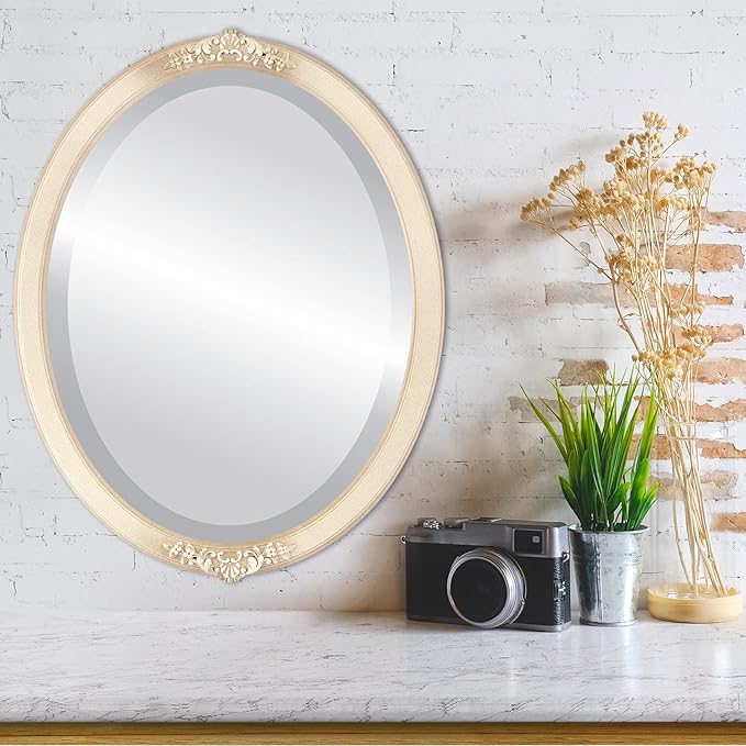 OVALCREST Oval Beveled Wall Mirror for Home Decor - Athena Style - Taupe - 26" x 20" Outside Dimensions