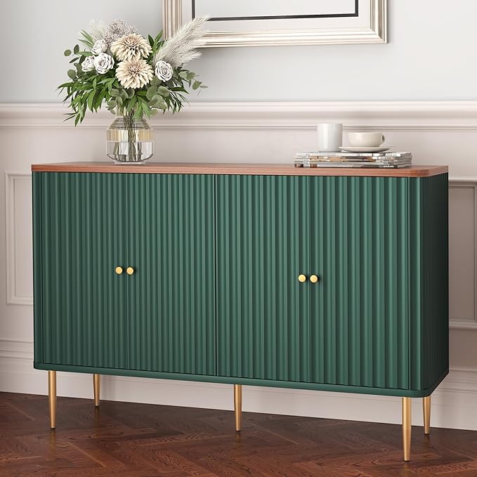 HLR Sideboard Buffet Cabinet, 48" Modern Accent Cabinet with 4 Door and Removable Shelves, Credenza with Storage for Living Room, Dinning Room, Entryway, Green