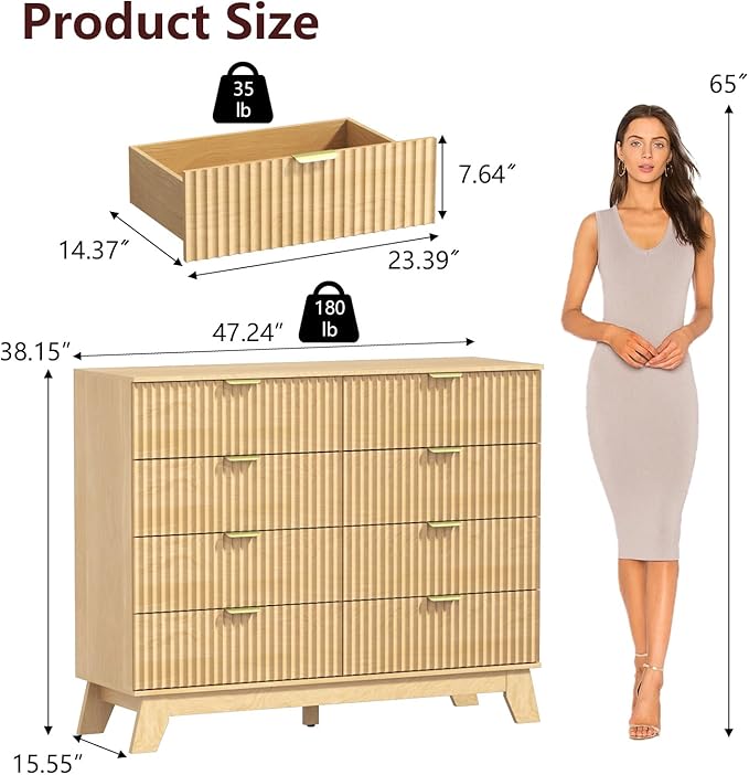 Fluted Dresser for Bedroom,8 Drawer Dresser for Closet Organizer and Storage Cabinet,Chest of Drawers with Gold Handle,TV Stand,Storage Organizer for Living Room,Hallway,Entryway,Nature Oak