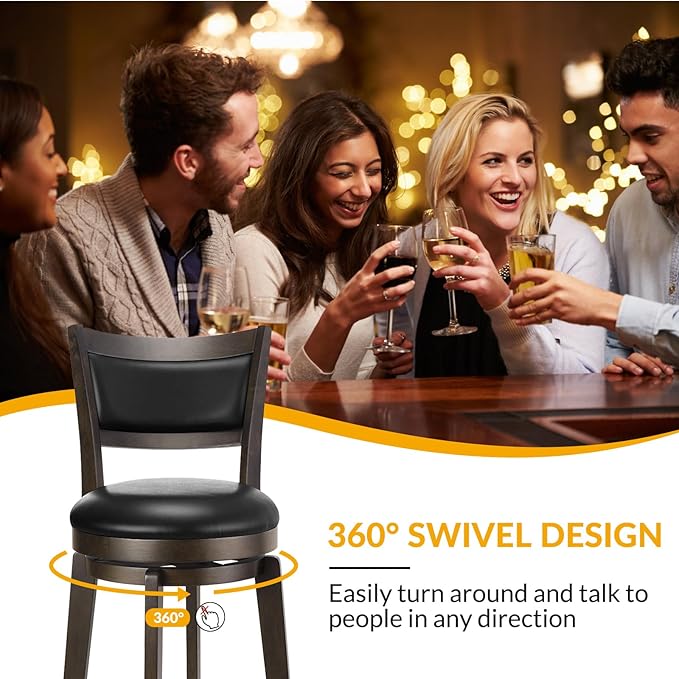 PrimeZone Swivel Bar Stools Set of 4, 32 Inch Tall Bar Height Barstools, Black Faux Leather Bar Stool with High Backrest & Solid Wood Legs & Wrap-Around Footrest, Counter Stools for Pub