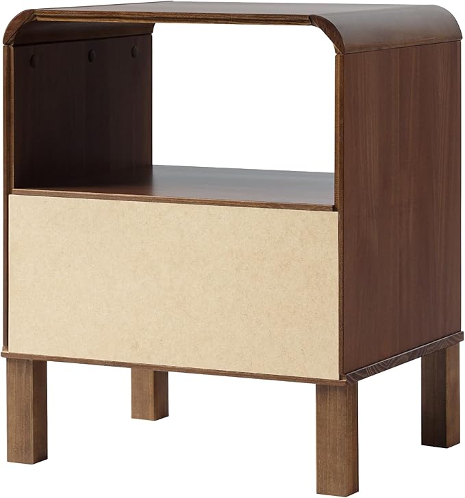 Walker Edison Modern Curved-Top Solid Wood 1-Drawer Nightstand with Open Cubby, 24 Inch, Brown