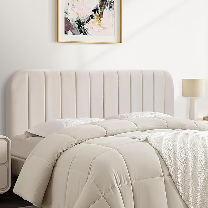 Upholstered Headboard - Striped Interval - Adjustable Height - Metal Legs - Bed Frame (Beige, Queen (U.S. Standard))