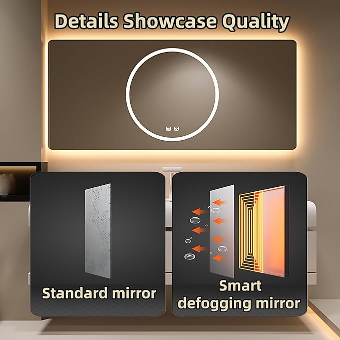 60IN Bathroom Vanity with Sink - Bathroom Cabinet Set has 2 Drawers & Overflow Hole Wall Mounted | LED Practical Defogging Mirror, Open Compartments, Seamless Rock Slab Basin (Khaki)