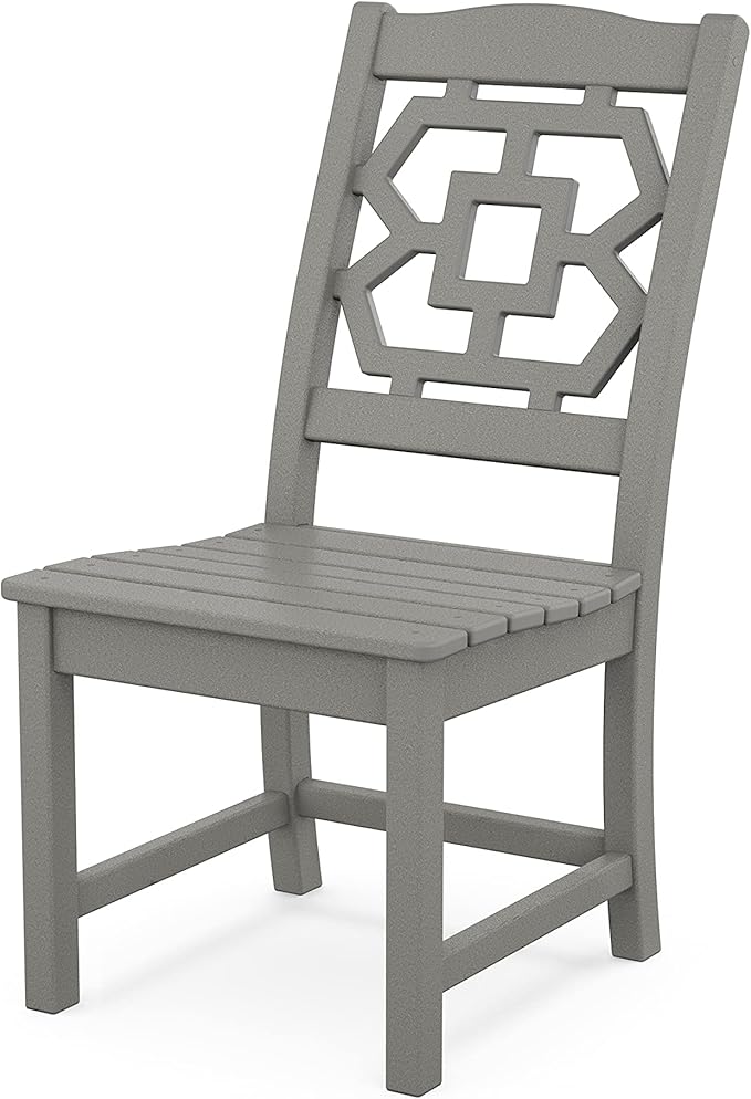 Martha Stewart by POLYWOOD Chinoiserie Outdoor Dining Side Chair, Slate Grey, Durable HDPE All-Weather, Comfortable Patio Seating with Latticework Back, Backyard, Garden Furniture, Made in The USA