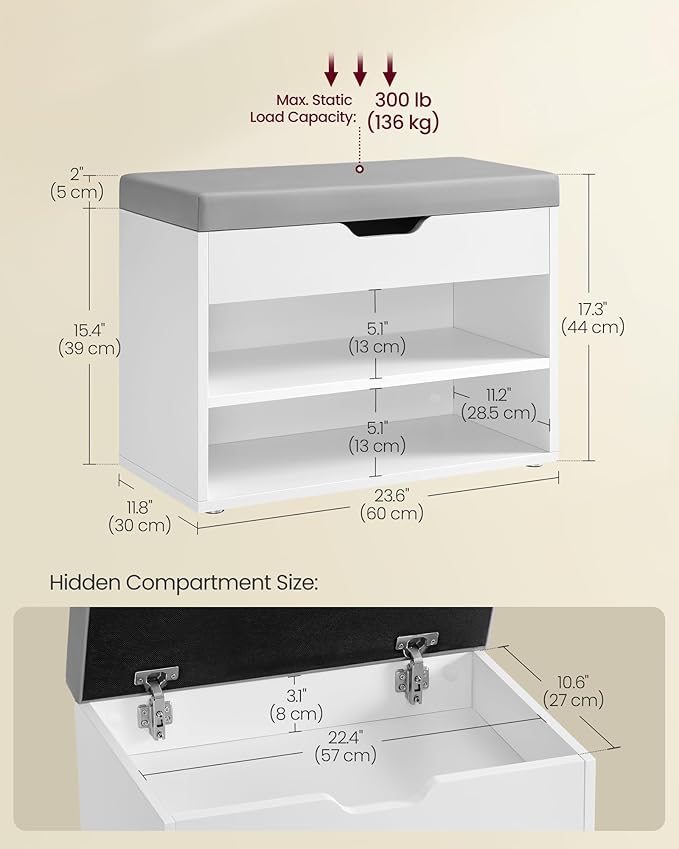 VASAGLE Shoe Bench with Cushion, Storage Bench with Padded Seat, Entryway Bench with 3 Storage Compartments, 11.8 x 23.6 x 17.3 Inches, for Bedroom, Living Room, Cloud White ULHS020W01