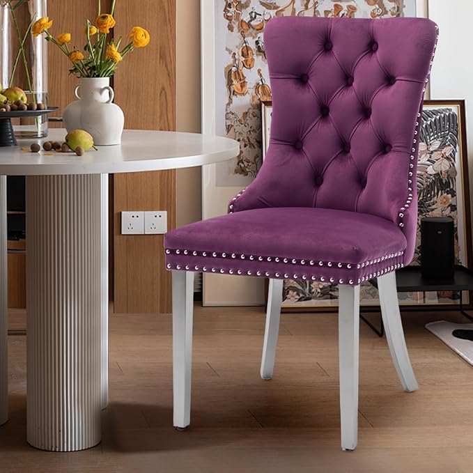 Velvet Upholstered Dining Chairs Set of 6, Modern Kitchen Side Chairs with Nailhead Trim and Silver Plated Leg, Metal Pulling Ring for Dining Room Living Room(Purple-Silver Plated Leg)