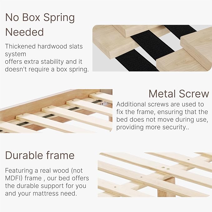 Wood Bed Frame with Headboard Upholstered Platform Mattress Foundation,Strong Wooden Slat Support,No Box Spring Needed