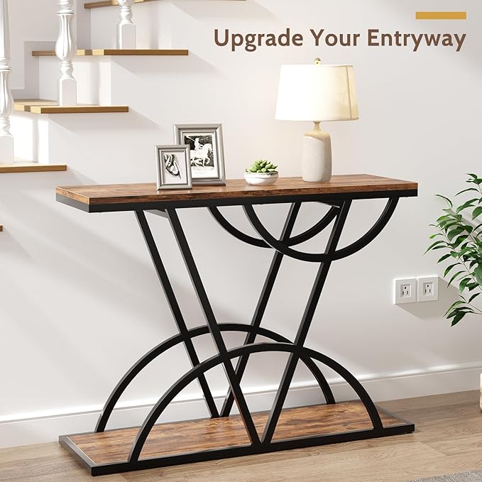 43" Console Table, Industrial Entryway Table with Storage Shelf, Narrow Wood Sofa Table with Metal Frame for Living Room, Hallway, Foyer, Entrance