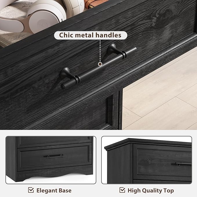 Black Dresser for Bedroom, Farmhouse 36" Tall 4 Drawer Chest with Sleek Brushed Metal Handles, Modern Wood Storage Cabinet with Unique Base Design, Closet Organizer for Bedroom, Living Room, Hallway