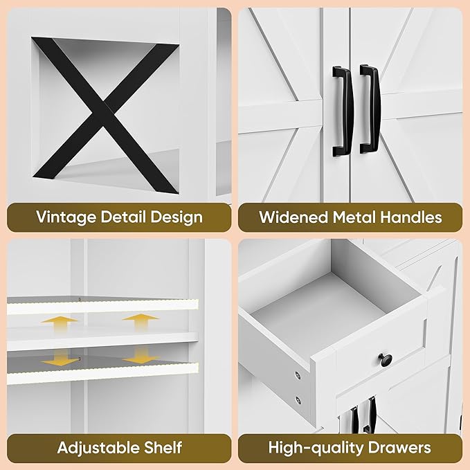 SUPER DEAL Farmhouse Storage Cabinet, Bathroom Floor Cabinet Kitchen Pantry with Doors and Drawers, Hutch Cupboard for Laundry, Living Room, Bedroom, White