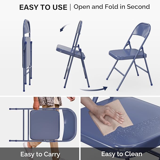 VINGLI Folding Chairs All Steel Metal Frame, Capacity 350 lbs, Durable Portable and Versatile for Indoor Outdoor Use, Darkblue, Set of 8