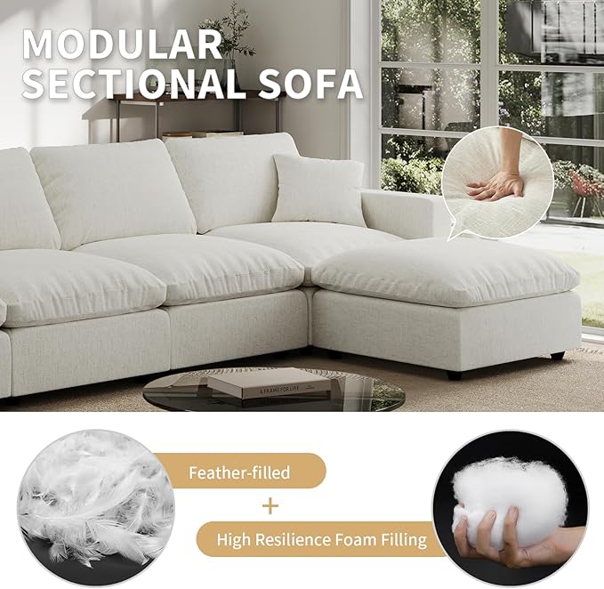 Modern Sectional Linen Couch for Living Room L-Shape Sofas,5 Seat Modular Cloud Sofas,Couches Cushion Covers Removable,Cozy Feather Down Sofa for Apartment Cream White