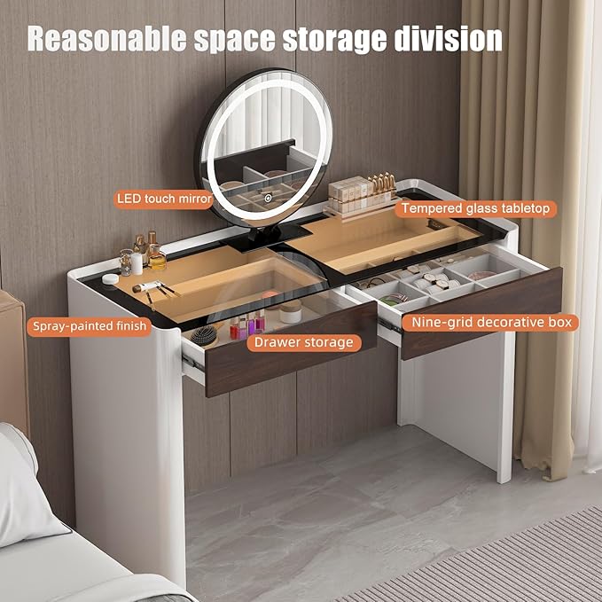 Makeup Vanity Desk with HD Lighted Mirror, 47-Inch Modern Vanity Desk with Mirror and Lights, Featuring 2 Drawers, Lacquer Finish, and Tempered Glass Top for Bedroom (2)