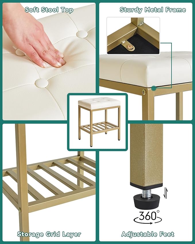 IBUYKE Rectangular Makeup Stool with Adjustable Feet and Storage Space, Footrest Chair, PU Vanity Seat, Multi-Use as Small Side Table or Ottoman, for Bedroom, White WBD017W