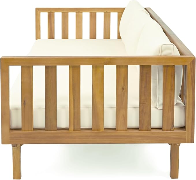 Christopher Knight Home Claremont Outdoor 3 Seater Acacia Wood Daybed with Fabric Water Resistant and Removable Cushions, Patio Garden Poolside Sofa with Slat Paneling Armrest and Back, Teak and Beige