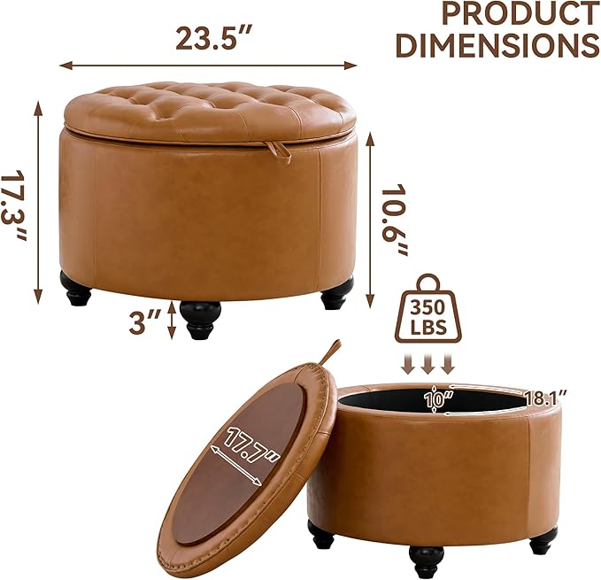 24Inch Round Storage Ottoman with Tray, Modern Tufted Leather Circle Coffee Table with Storage, Upholstered Ottoman with Removable Top for Living Room, Bedroom, Leather Brown