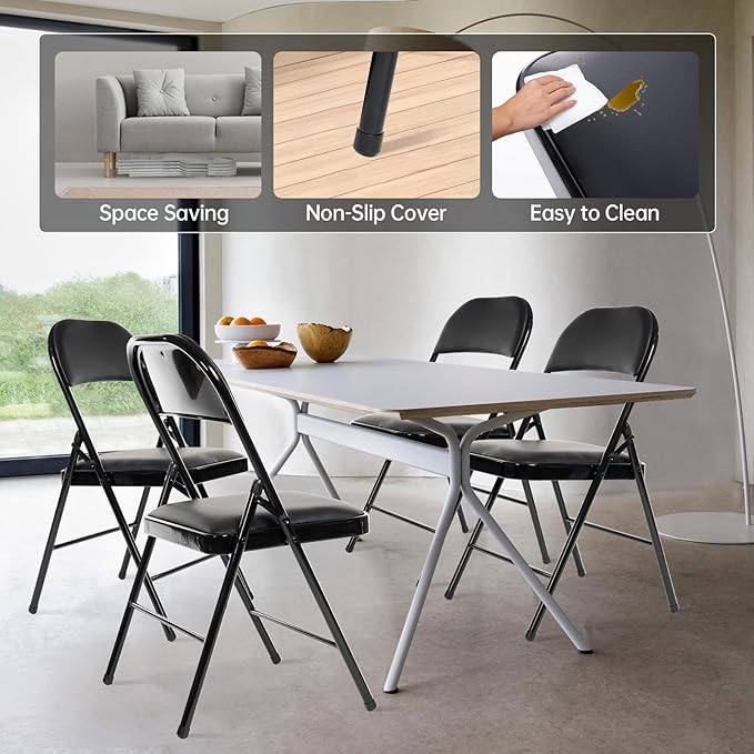 10 Pack Folding Chairs with Padded Seats, Padded Folding Chair with Steel Frame for Events Home Office, Pu Leather Folding Chair Black
