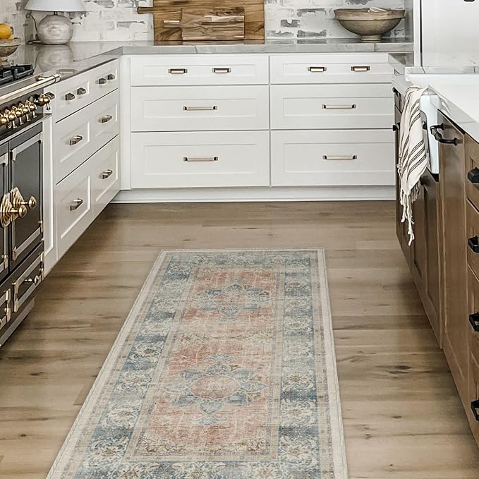 RUGGABLE Washable Vintage Area Rug – Sarrah Coral 5x7, Stain-Resistant, Non-Slip – Medium Machine Washable Rugs for Living Room, Bedroom, Hallway, Entryway & Office–with Standard Pad