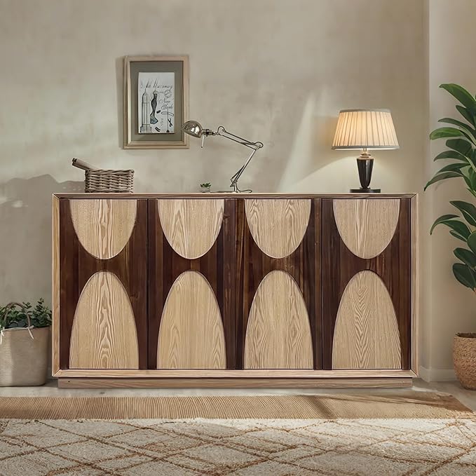 LKTART 59" Sideboard Buffet Cabinet Retro Accent Storage Cabinet with Magnetic Door Latches Adjustable Shelf for Living Room Kitchen(Natural)