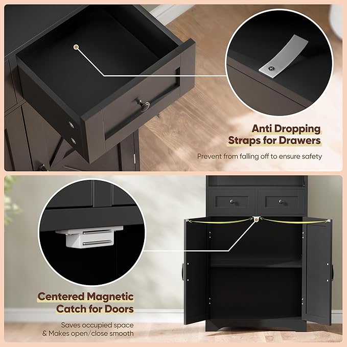 SUPER DEAL Farmhouse Storage Cabinet, Bathroom Floor Cabinet Kitchen Pantry with Doors and Drawers, Hutch Cupboard for Living Room, Bedroom, Laundry, Black