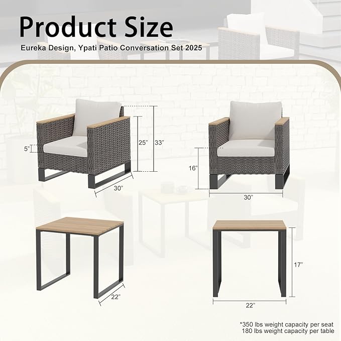 Ypati 3-Piece Handwoven Rattan Patio Conversation Set, Aluminum Frame with All Weather Coating, for Porch, Balcony, Garden, 2 Comfortable Chairs with Coffee Table, Black & White, Designed by Eureka